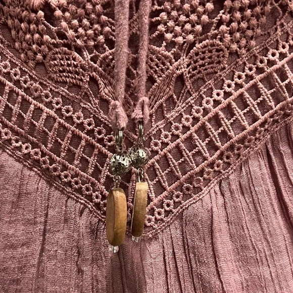 Dusty Rose Bohemian Crochet Lace Mini Dress Tunic L - Picture 3 of 8